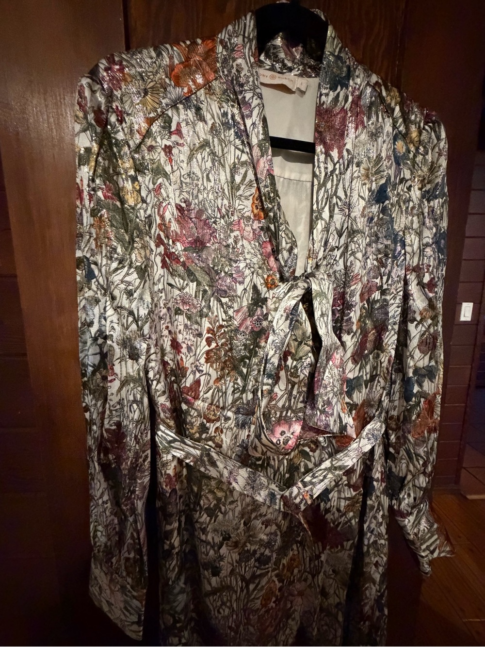 Tory Burch Cream Floral Metallic Long-Sleeve Belted Midi Dress Silk Blend - Picture 4 of 10